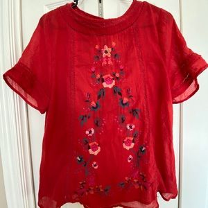 Floral Embroidered Cherry Red Blouse